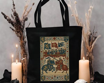 Medieval Tapestry Tote Bag with Jousting Knights Print Castlecore Knightcore Aesthetic Canvas Reusable Shopping Bag