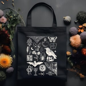 Dark Academia Tote Bag with Gothic Witchcore Design, Vintage Book Lover Aesthetic Canvas Bag for Readers and Literary Style image 2