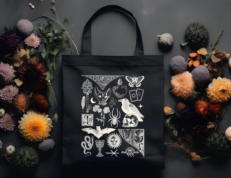 Dark Academia Tote Bag with Gothic Witchcore Design, Vintage Book Lover Aesthetic Canvas Bag for Readers and Literary Style image 2
