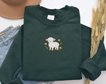 Embroidered Lamb Top Cute Cozy Sheep Embroidery Sweatshirt Spring Nature Inspired Farm Animal Sweater for Lamb Lovers