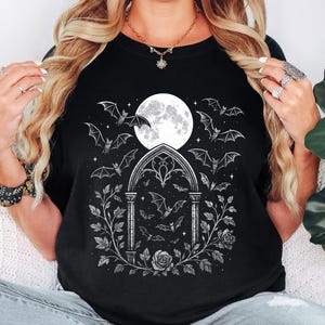 Gothic Bat Shirt, Full Moon, Dark Academia Tee image 1