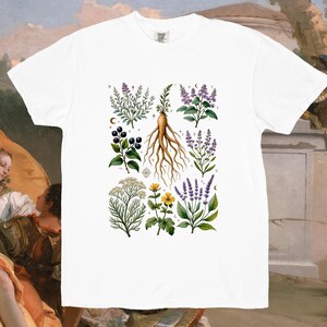 Vintage Botanical Herbs T-Shirt for Women Witchy Pagan Fall Tee with Apothecary Plants Halloween Herbal Shirt Cottagecore Aesthetic