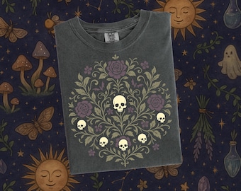 Gothic T-shirt met bloemenschedel, Dark Academia Whimsigoth-shirt