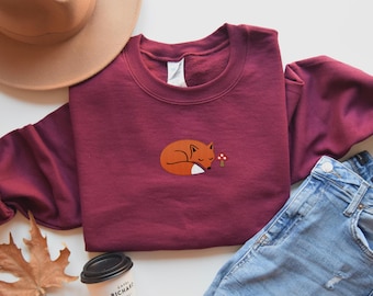 Fox Embroidery Shirt Cozy Fall Cottagecore Pullover with Mushroom Autumn Forest Animal Sweater for Nature Lovers