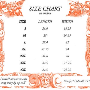 May include: Size chart in inches with measurements for various sizes, including S, M, L, XL, 2XL, 3XL, and 4XL. The chart displays length and width dimensions for each size. The text "Product measurements may vary by up to 2"" is also present.