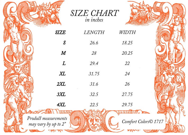 May include: Size chart in inches with measurements for various sizes, including S, M, L, XL, 2XL, 3XL, and 4XL. The chart displays length and width dimensions for each size. The text "Product measurements may vary by up to 2"" is also present.