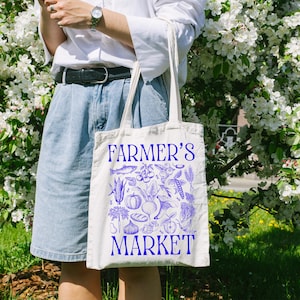 Farmers Market Tote Bag with Vintage Vegetable Print, Eco-Friendly Reusable Canvas Grocery Bag for Shopping, Beach, and Books