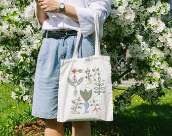 Botanisk ört canvasväska, vintage medeltida tryck
