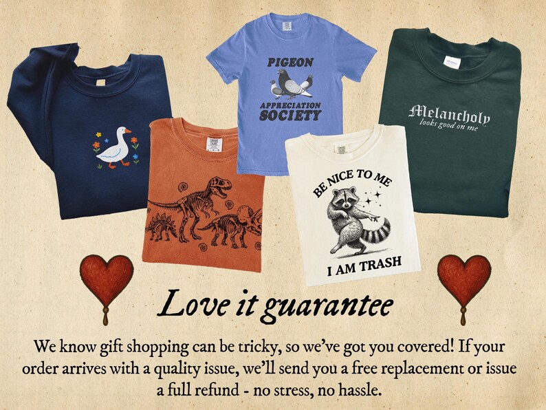 The image is a collage of six t-shirts with various designs and text, including a blue t-shirt with a duck, a blue t-shirt with a pigeon, a white t-shirt with a raccoon, a white t-shirt with a raccoon, a white t-shirt with a raccoon, and a green t-shirt with a raccoon. The text on the t-shirts includes phrases like "Pigeon Appreciation Society", "Be nice to me", and "I am trash".