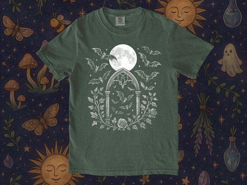 Gothic Bat Shirt, Full Moon, Dark Academia Tee image 3