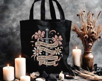 Bookish Romantasy Tote She Wasn’t Looking For A Knight She Was Looking For A Sword Feminist Quote Bag Fantasy Reader Gift Canvas Tote