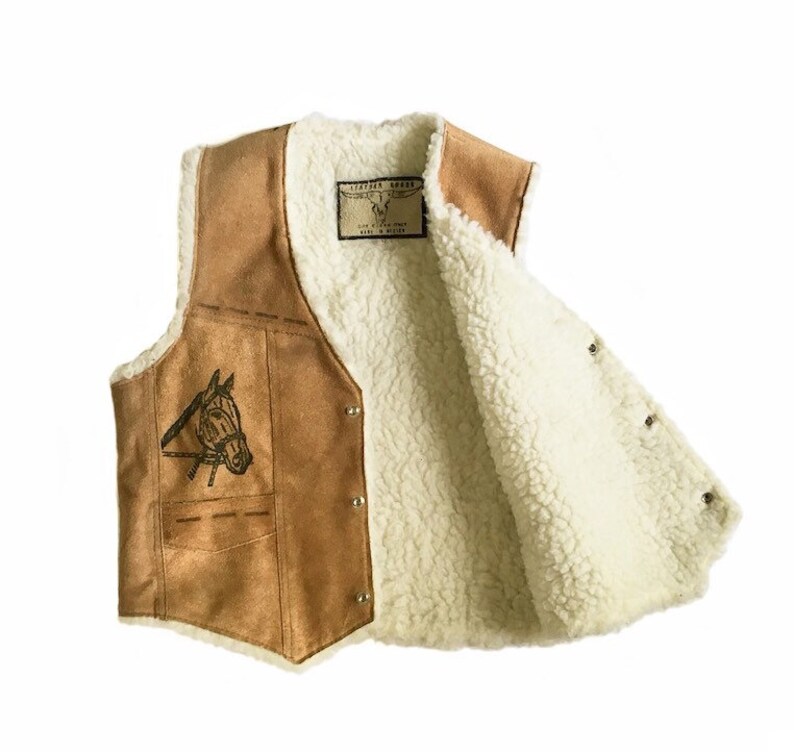 Childs 12 Vintage Brown Suede Shearling Lined Country Western Cowboy Vest w Horse Detail