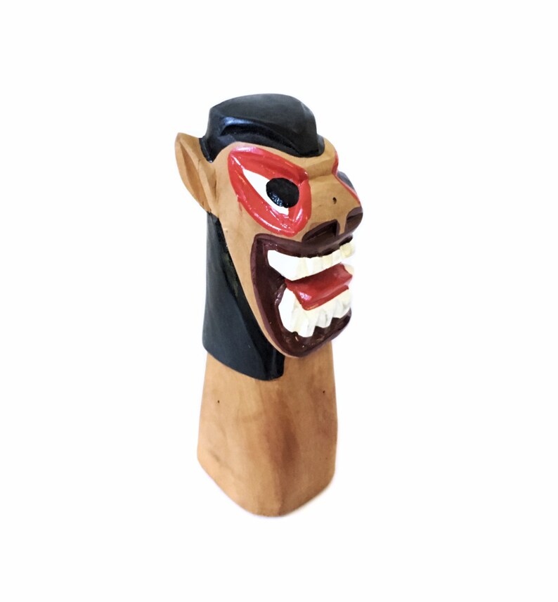 Vintage 70s Hawaiian Polynesian Wooden Lion Head Totem Handmade Sculpture