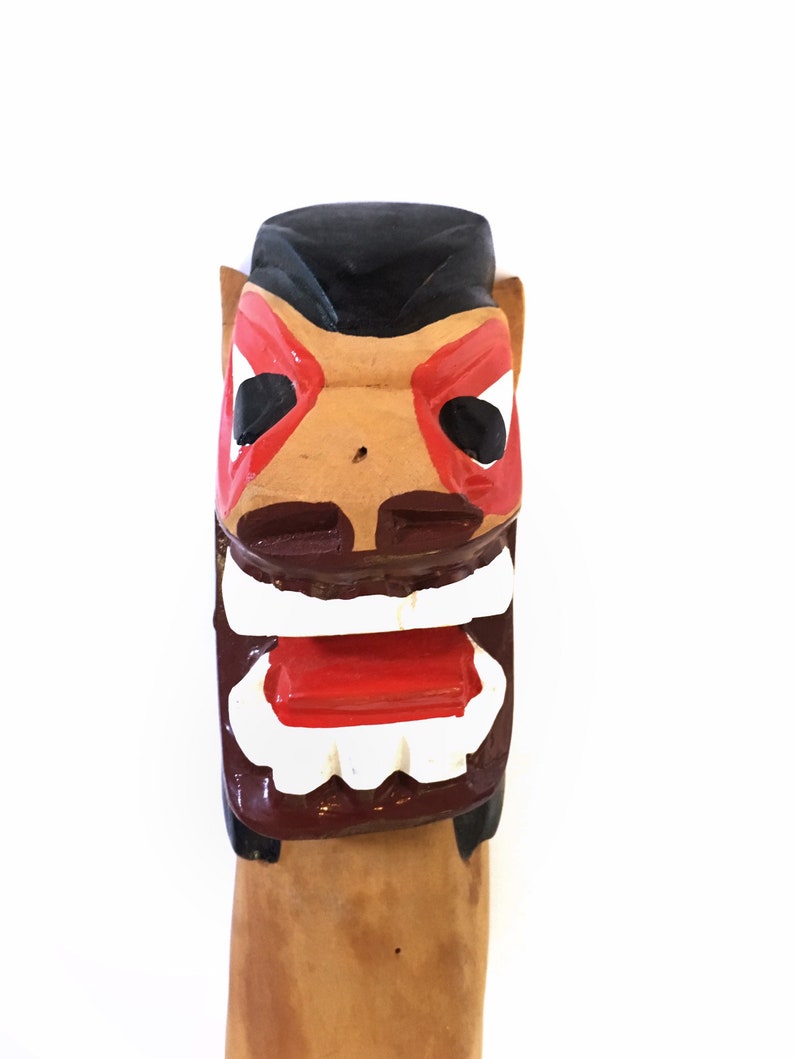 Vintage 70s Hawaiian Polynesian Wooden Lion Head Totem Handmade Sculpture