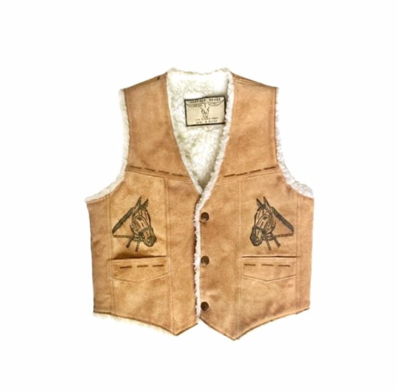 Childs 12 Vintage Brown Suede Shearling Lined Country Western Cowboy Vest w Horse Detail