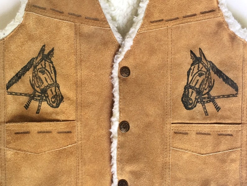 Childs 12 Vintage Brown Suede Shearling Lined Country Western Cowboy Vest w Horse Detail