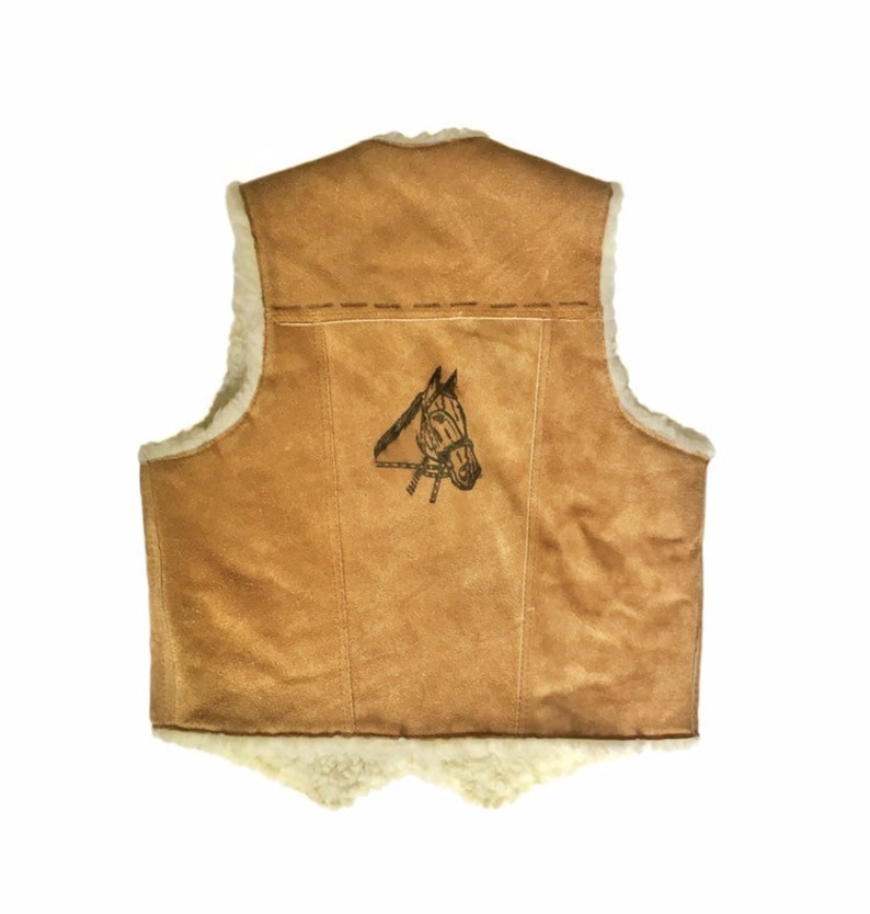 Childs 12 Vintage Brown Suede Shearling Lined Country Western Cowboy Vest w Horse Detail