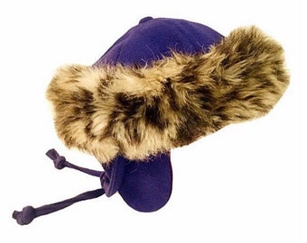 Vintage 60's Electric Blue Wool Women's Winter Bonnet/Hat with Faux Cheetah Fur Trim, Ear Covers, & Tie