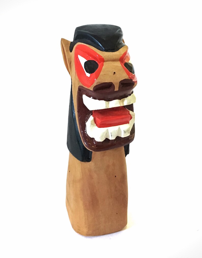 Vintage 70s Hawaiian Polynesian Wooden Lion Head Totem Handmade Sculpture
