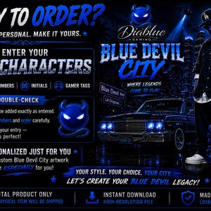 Peut inclure: Une publicité graphique numérique pour une illustration personnalisée Blue Devil City. Le design présente une palette de couleurs bleu foncé, une icône de diable stylisée, une voiture classique et du texte incluant Ready to Order et Blue Devil City.