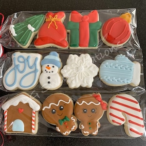 May include: A set of ten Christmas-themed sugar cookies decorated with various designs, including a Christmas tree, a Santa sack, a gift box, an ornament, a snowman, a snowflake, a mitten, a gingerbread house, and two gingerbread people. The cookies are arranged in three rows on a clear plastic sheet.