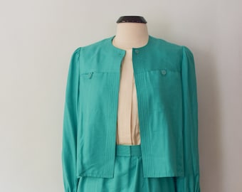 Vintage 1980’s Teal Silk Dress Set Belted  Dress and Jacket Matching Set Pure Silk
