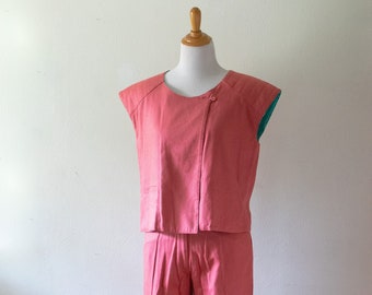 Vintage 1970’s 1980's Pure Silk Pink and Teal Frances Henaghan Matching Wrap Top Set Pants and Blouse