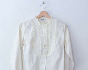 Vintage 1960’s White Ruffled Blouse / Long Sleeved Cotton Button Up Top Antique Style Bibbed Shirt