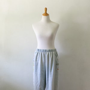 Embroidered Vintage Demin Pants | Up-cycled Hand-Embroidered Floral Elastic Waist Vintage 90&#39;s 2000&#39;s Baggy Jeans
