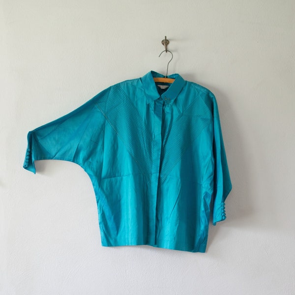 Vintage 1970's Up-cycled Silk Blouse / Silk Embroidery Snake Bright Teal Blue Dolman Sleeve Button Up Collared Pin Tucked Hand Embroidered