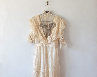 Antique Cream and Grey Beaded Silk Dress 1900 1910 Lacey Intricate Gown