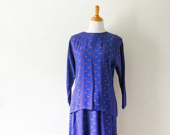 Vintage 90s Pure Silk Matching Set | Cobalt Blue Patterned Skirt