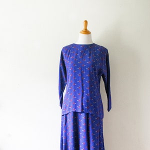 Vintage 1990&#39;s Indigo Silk Matching Set Pure Silk Cobalt Blue Patterned Skirt and Blouse Ensemble