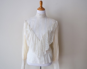 Vintage Antique Edwardian Cream Ruffled Blouse Shirt Waist Victorian