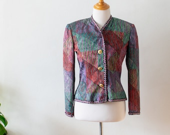 Vintage 1980's Pure Silk Rainbow Jacket Top Shoulder Pads Fitted