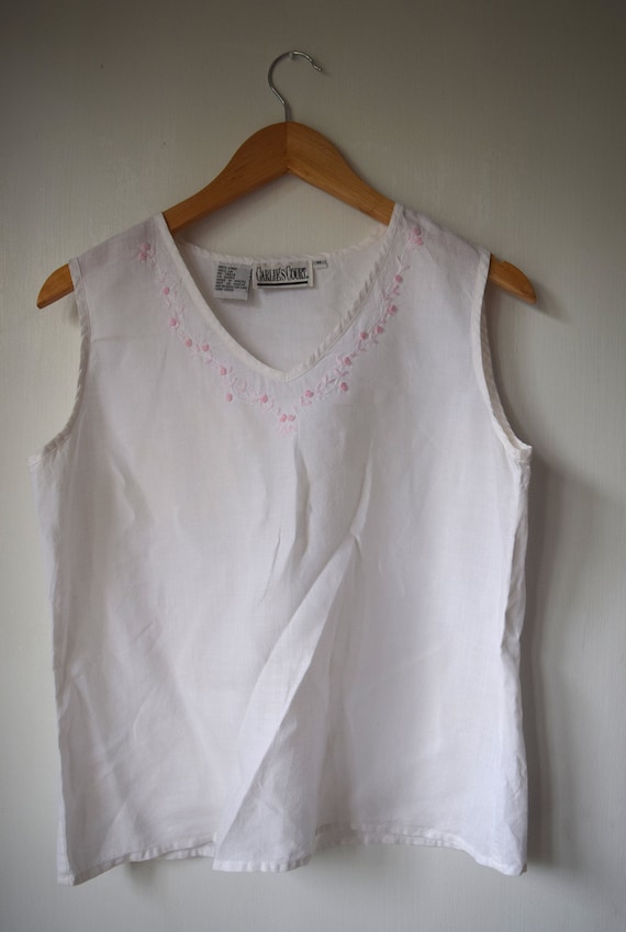 Vintage Linen Tank Rose Embroidery
