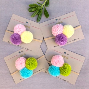 Pastel POM POM triangular headband, easter hair accessory, baby girl, toddler girl, pastels