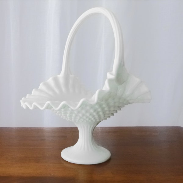 Beautiful PANIER on Foot - Milk Glass / Milk Glass - Hobnail - Ruffled Rim - Striped Handle - FENTON - Made in the United States