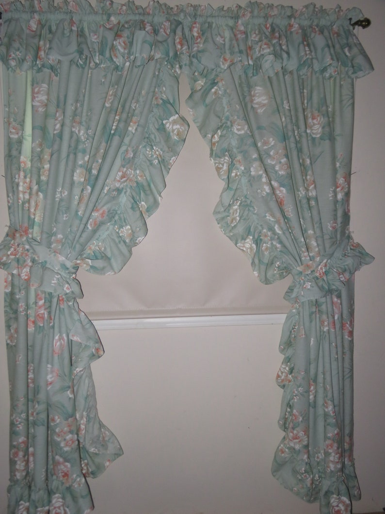 Vintage Cottage Sea Foam Green Peach Roses Ruffle Priscilla Curtain Panels