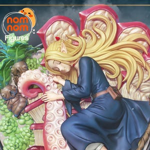 May include: A detailed figure of a blonde woman in a blue dress, resting on a large, stylized octopus tentacle. The figure is surrounded by other fantastical elements, including clouds, stars, and a bowl-like structure. The figure has the text "nom nom Figures" on the top left.