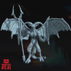 May include: A gray, three-dimensional figurine of a horned demon with large wings, holding a staff. The figurine has a muscular physique and a long tail. The Monster Atlas logo is in the lower left corner.