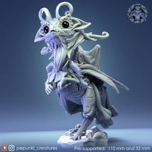 May include: A detailed, light gray fantasy creature figurine with large eyes, wings, and intricate detailing. The figurine is pre-supported and measures 110 mm and 32 mm. The Instagram handle @pepunki_creatures is visible.