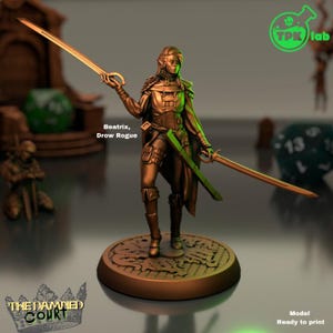 May include: A bronze-colored miniature figure of Beatrix, a Drow Rogue, holding two swords. The figure is on a round base with a decorative design. The text "The Damned Court" and "TPK lab" are visible.