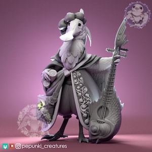 Pode incluir: Uma figura cinzenta impressa em 3D de uma criatura semelhante a um pássaro usando uma túnica e segurando um instrumento em forma de peixe. A figura tem um design detalhado, com um peito emplumado e um chapéu. O fundo é de cor roxa sólida. É uma obra de arte única.