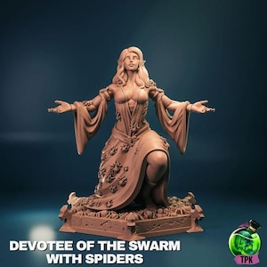 May include: A detailed figurine of a woman in a flowing gown, adorned with spider accents. The figure is kneeling with arms outstretched. The base is a detailed stone structure. The text "DEVOTEE OF THE SWARM WITH SPIDERS" is at the bottom.