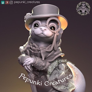 May include: A gray sculpture of a creature wearing a top hat and monocle, holding a cane. The creature is wearing a detailed coat and has a decorative emblem on its arm. The text "Pepunki Creatures" is visible.