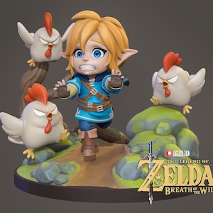 Puede incluir: Figura detallada de un personaje de The Legend of Zelda: Breath of the Wild, huyendo de tres pollos enfadados. El personaje lleva una túnica azul y botas marrones. La base incluye el logotipo del juego y una espada.