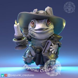May include: A whimsical, gray-toned figurine of a frog dressed as a wizard, wearing a hat and holding a candle. The frog has large, detailed eyes and is holding a book. The figurine has the text "Pepunki Creatures" at the bottom.