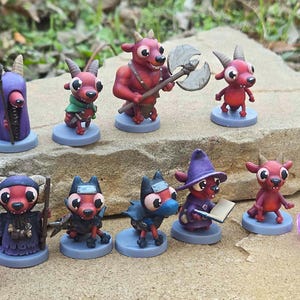 May include: A collection of fantasy miniature figurines, each depicting a red creature with horns and various accessories. Some figures hold weapons or books, while others wear cloaks or hats. Dice are scattered around the figurines.