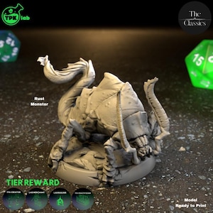 May include: A detailed, grey 3D-printed Rust Monster miniature, a fantasy creature with a segmented body, antennae, and a curled tail. The base is round. Text includes "Rust Monster" and "Model Ready to Print."